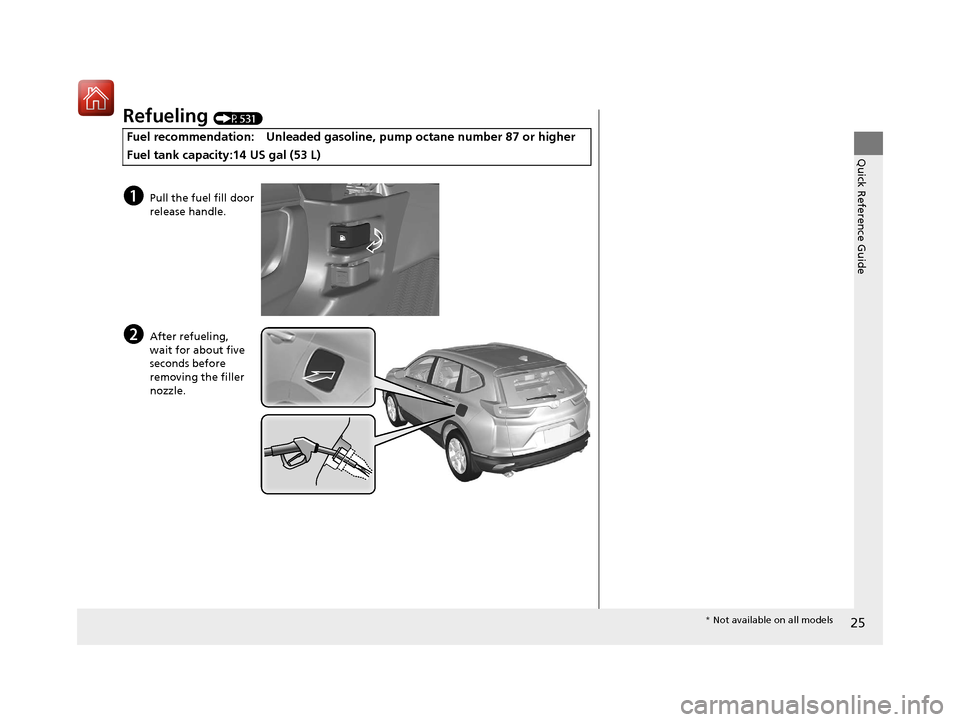 HONDA CR-V 2017 RM1, RM3, RM4 / 4.G Owners Manual 25
Quick Reference Guide
Refueling (P531)
Fuel recommendation: Unleaded gasoline, pump octane number 87 or higher
Fuel tank capacity:14 US gal (53 L)
aPull the fuel fill door
release handle.
bAfter r HONDA CR-V 2017 RM1, RM3, RM4 / 4.G Owners Manual 25
Quick Reference Guide
Refueling (P531)
Fuel recommendation: Unleaded gasoline, pump octane number 87 or higher
Fuel tank capacity:14 US gal (53 L)
aPull the fuel fill door
release handle.
bAfter r