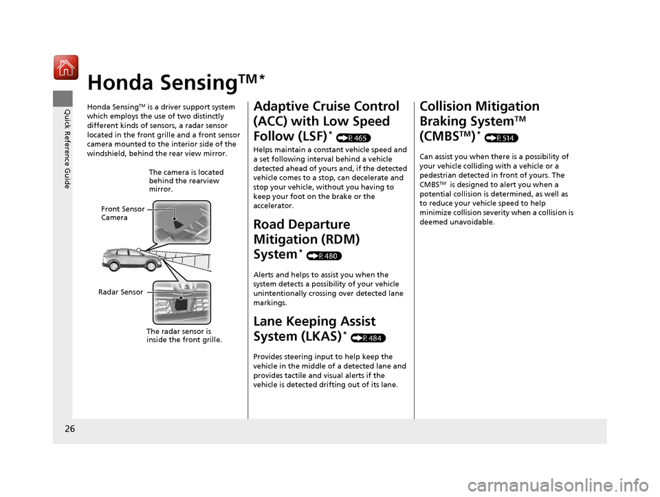 HONDA CR-V 2017 RM1, RM3, RM4 / 4.G Owners Manual 26
Quick Reference Guide
Honda SensingTM *
Honda SensingTM is a driver support system
which employs the use of two distinctly
different kinds of sensors, a radar sensor
located in the front grille HONDA CR-V 2017 RM1, RM3, RM4 / 4.G Owners Manual 26
Quick Reference Guide
Honda SensingTM *
Honda SensingTM is a driver support system
which employs the use of two distinctly
different kinds of sensors, a radar sensor
located in the front grille
