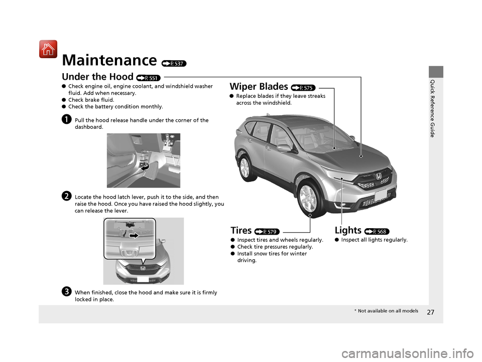 HONDA CR-V 2017 RM1, RM3, RM4 / 4.G Owners Manual 27
Quick Reference Guide
Maintenance (P537)
Under the Hood (P551)
● Check engine oil, engine coolant, and windshield washer
fluid. Add when necessary.
● Check brake fluid.
● Check the battery c HONDA CR-V 2017 RM1, RM3, RM4 / 4.G Owners Manual 27
Quick Reference Guide
Maintenance (P537)
Under the Hood (P551)
● Check engine oil, engine coolant, and windshield washer
fluid. Add when necessary.
● Check brake fluid.
● Check the battery c