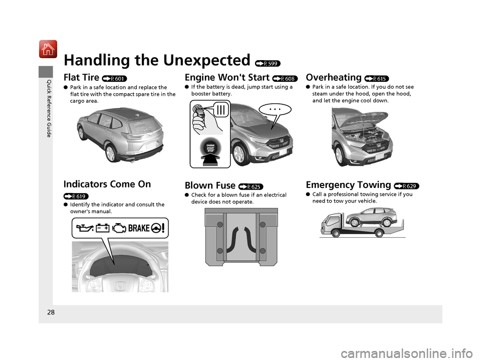 HONDA CR-V 2017 RM1, RM3, RM4 / 4.G Owners Manual 28
Quick Reference Guide
Handling the Unexpected (P599)
Flat Tire (P601)
● Park in a safe location and replace the
flat tire with the compact spare tire in the
cargo area.
Indicators Come On
(P61 HONDA CR-V 2017 RM1, RM3, RM4 / 4.G Owners Manual 28
Quick Reference Guide
Handling the Unexpected (P599)
Flat Tire (P601)
● Park in a safe location and replace the
flat tire with the compact spare tire in the
cargo area.
Indicators Come On
(P61