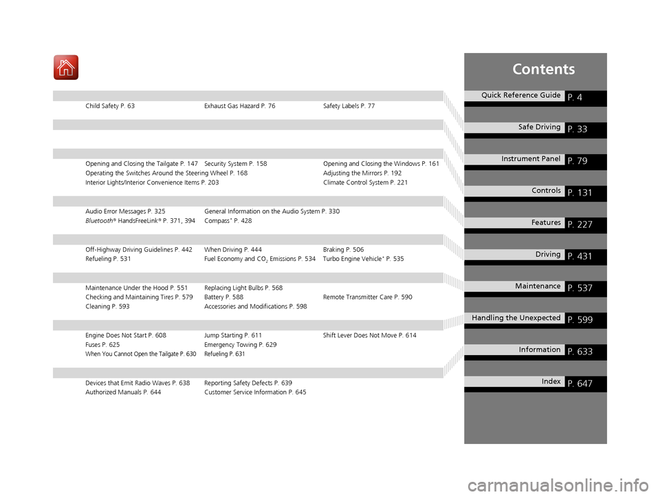 HONDA CR-V 2017 RM1, RM3, RM4 / 4.G Owners Manual Contents
Child Safety P. 63Exhaust Gas Hazard P. 76Safety Labels P. 77
Opening and Closing the Tailgate P. 147 Security System P. 158 Opening and Closing the Windows P. 161
Operating the Switches Arou