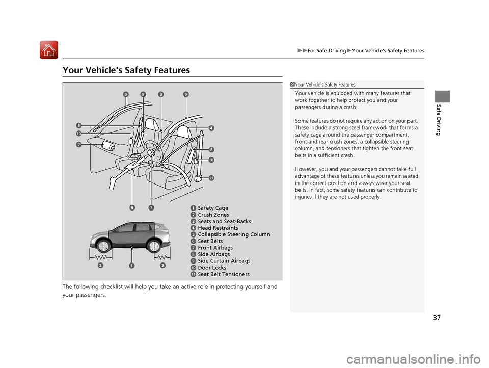 HONDA CR-V 2017 RM1, RM3, RM4 / 4.G Owners Manual 37
uuFor Safe Driving uYour Vehicles Safety Features
Safe Driving
Your Vehicles Safety Features
The following checklist will help you take an active role in protecting yourself and 
your passengers.