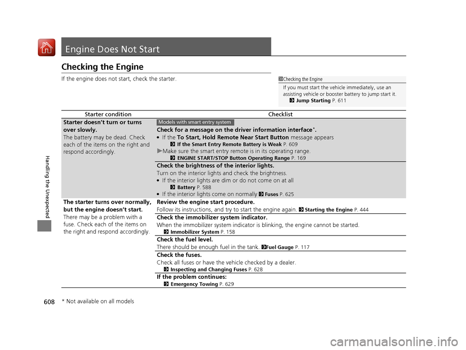 HONDA CR-V 2017 RM1, RM3, RM4 / 4.G Workshop Manual 608
Handling the Unexpected
Engine Does Not Start
Checking the Engine
If the engine does not start, check the starter.
Starter conditionChecklist
Starter doesn’t turn or turns
over slowly.
The batt HONDA CR-V 2017 RM1, RM3, RM4 / 4.G Workshop Manual 608
Handling the Unexpected
Engine Does Not Start
Checking the Engine
If the engine does not start, check the starter.
Starter conditionChecklist
Starter doesn’t turn or turns
over slowly.
The batt