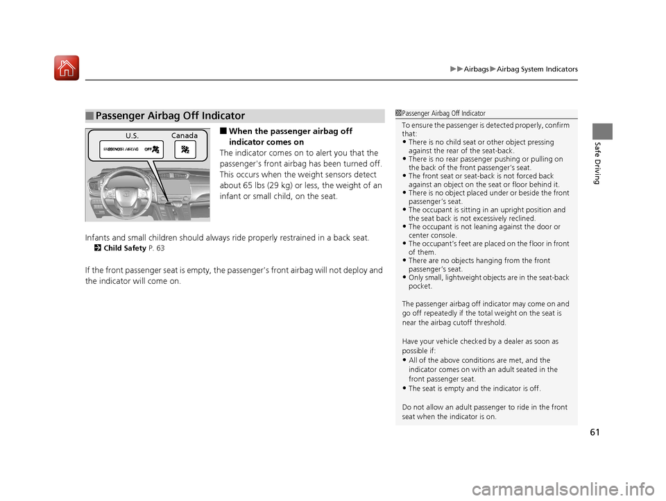 HONDA CR-V 2017 RM1, RM3, RM4 / 4.G Owners Manual 61
uuAirbags uAirbag System Indicators
Safe Driving■When the passenger airbag off 
indicator comes on
The indicator comes on to alert you that the 
passengers front airbag  has been turned off.
Thi