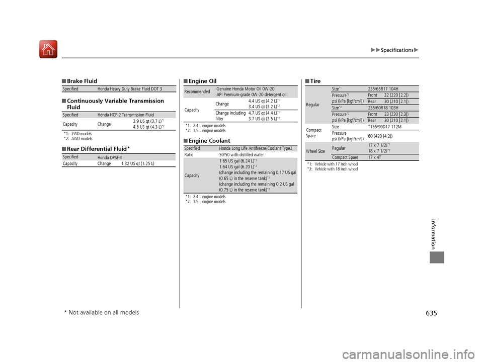 HONDA CR-V 2017 RM1, RM3, RM4 / 4.G User Guide 635
uuSpecifications u
Information
■Brake Fluid
■ Continuously Variable Transmission 
Fluid
*1: 2WD models
*2: AWD models
■Rear Differential Fluid*
SpecifiedHonda Heavy Duty Brake Fluid DOT 3
Sp