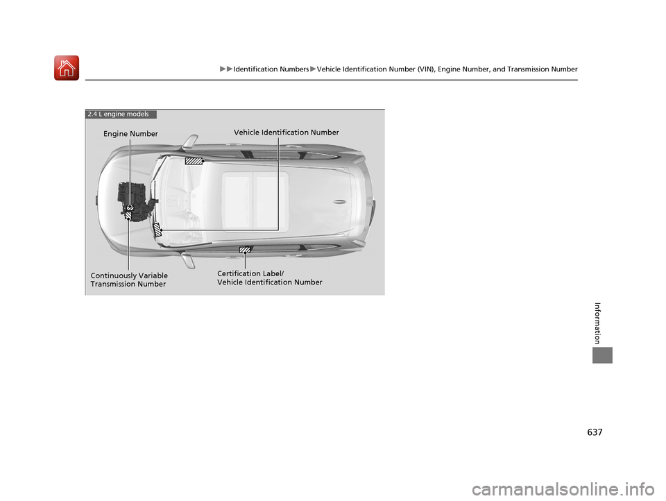 HONDA CR-V 2017 RM1, RM3, RM4 / 4.G Owners Manual 637
uuIdentification Numbers uVehicle Identification Number (VIN), Engine Number, and Transmission Number
Information
Vehicle Identification Number
Engine Number
Certification Label/
Vehicle Identific HONDA CR-V 2017 RM1, RM3, RM4 / 4.G Owners Manual 637
uuIdentification Numbers uVehicle Identification Number (VIN), Engine Number, and Transmission Number
Information
Vehicle Identification Number
Engine Number
Certification Label/
Vehicle Identific