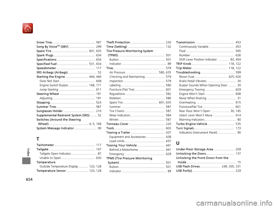 HONDA CR-V 2017 RM1, RM3, RM4 / 4.G User Guide 654
Index
Snow Tires................................................. 587
Song By VoiceTM (SBV) .............................. 299
Spare Tire ..........................................  601, 635
Spark