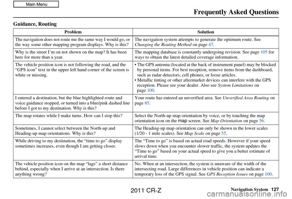 HONDA CR-Z 2011 1.G Navigation Manual Navigation System127
Frequently Asked Questions
Guidance, Routing
Problem Solution
The navigation does not route me the same way I would go, or
the way some other mapping progr am displays. Why is t HONDA CR-Z 2011 1.G Navigation Manual Navigation System127
Frequently Asked Questions
Guidance, Routing
Problem Solution
The navigation does not route me the same way I would go, or
the way some other mapping progr am displays. Why is t
