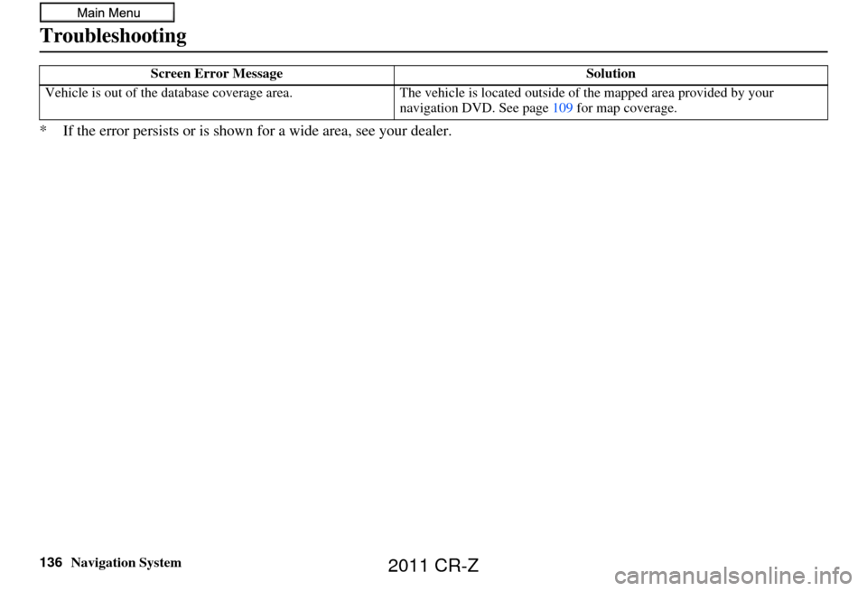 HONDA CR-Z 2011 1.G Navigation Manual 136Navigation System
Troubleshooting
* If the error persists or is shown for a wide area, see your dealer.
Vehicle is out of the database coverage area. The vehicle is located outside of the mapped a HONDA CR-Z 2011 1.G Navigation Manual 136Navigation System
Troubleshooting
* If the error persists or is shown for a wide area, see your dealer.
Vehicle is out of the database coverage area. The vehicle is located outside of the mapped a