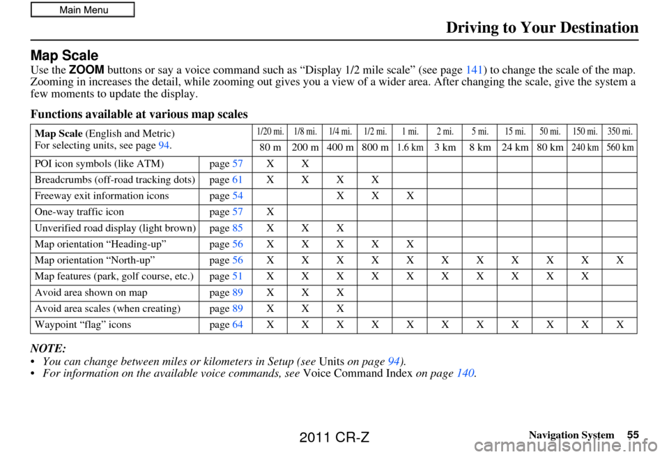 HONDA CR-Z 2011 1.G Navigation Manual Navigation System55
Driving to Your Destination
Map Scale
Use the ZOOM buttons or say a voice command such as “Display 1/2 m ile scale” (see page141) to change the scale of the map.
Zooming in in HONDA CR-Z 2011 1.G Navigation Manual Navigation System55
Driving to Your Destination
Map Scale
Use the ZOOM buttons or say a voice command such as “Display 1/2 m ile scale” (see page141) to change the scale of the map.
Zooming in in