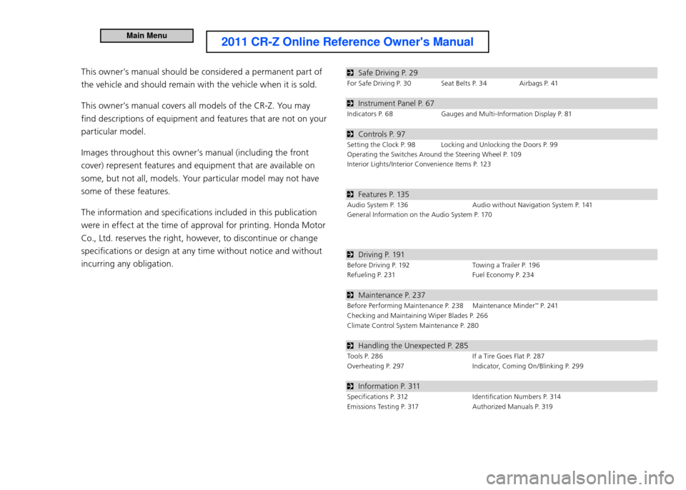 HONDA CR-Z 2011 1.G Owners Manual 
