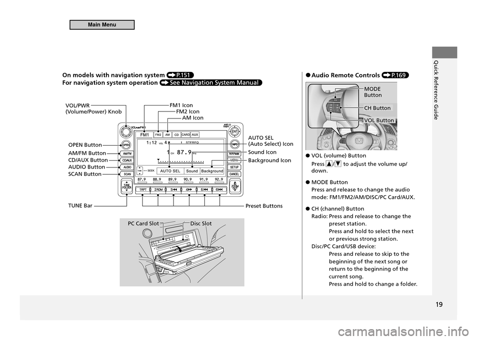 HONDA CR-Z 2011 1.G Owners Manual Quick Reference Guide
19
On models with navigation system P.1 51
For navigation system operation 
VOL/PWR  
(Volume/Power) KnobFM1 Icon
FM2 Icon
AM Icon
AUTO SEL (Auto Select) Icon Sound Icon Backgrou