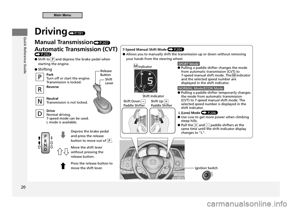 HONDA CR-Z 2011 1.G Owners Manual Quick Reference Guide
20
Driving P.1 9 1
P
D
N
R
M● Shifting
Depress the brake pedal  and press the release 
button to move out of  P  .Move the shift lever without pressing the release button. Pres
