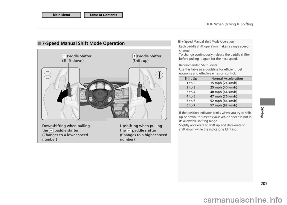HONDA CR-Z 2011 1.G Owners Manual 205
Driving
When Driving Shifting
7-Speed Manual Shift Mode Operation
■
Paddle Shifter
(Shift down)
Downshifting when pulling the (–) paddle shifter (Changes to a lower speed number)Upshifting HONDA CR-Z 2011 1.G Owners Manual 205
Driving
When Driving Shifting
7-Speed Manual Shift Mode Operation
■
Paddle Shifter
(Shift down)
Downshifting when pulling the (–) paddle shifter (Changes to a lower speed number)Upshifting