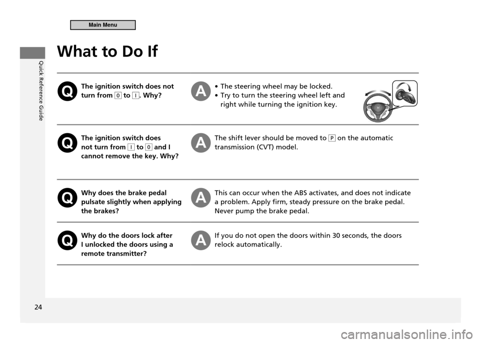 HONDA CR-Z 2011 1.G Owners Manual Quick Reference Guide
24
What to Do If
  The ignition switch does not turn from 
0 to I. Why?
  The steering wheel may be locked.• 
•   Try to turn the steering wheel left and  
right while turnin