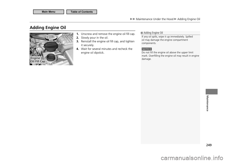 HONDA CR-Z 2011 1.G Owners Manual 249
Maintenance
 Maintenance Under the Hood  Adding Engine Oil
Adding Engine Oil1. Unscrew and remove the engine oil fill cap. Slowly pour in the oil.
2. 
Reinstall the engine oil fill cap, and tighte