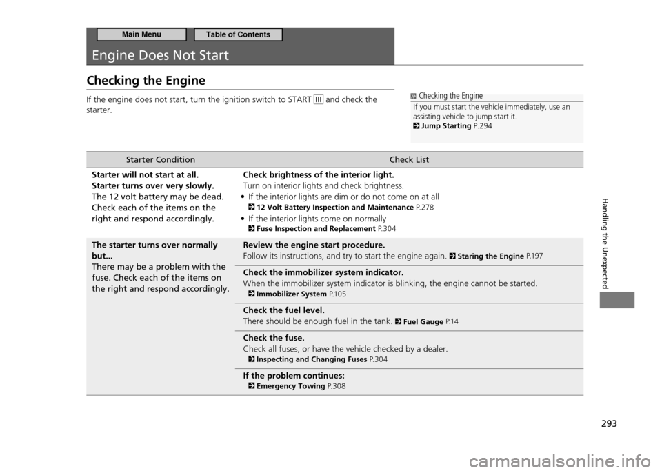 HONDA CR-Z 2011 1.G Owners Manual 293
Handling the Unexpected
Engine Does Not Start
Checking the Engine If the engine does not start, turn the ignition switch to START
and check the
starter. Checking the Engine
If you must start t HONDA CR-Z 2011 1.G Owners Manual 293
Handling the Unexpected
Engine Does Not Start
Checking the Engine If the engine does not start, turn the ignition switch to START
and check the
starter. Checking the Engine
If you must start t