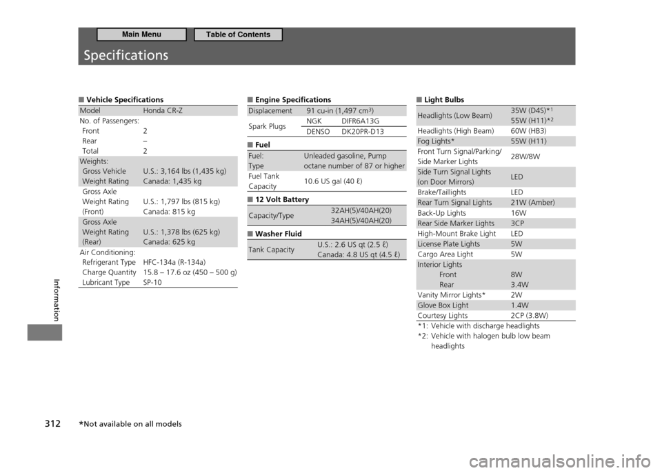 HONDA CR-Z 2011 1.G Owners Manual 312
Information
Speciications
Vehicle Specifications 
■
Model Honda CR-Z No. of Passengers:
Front RearTotal 2–2
Weights: Gross Vehicle Weight Rating U.S.: 3,164 lbs (1,435 kg)Canada: 1,435 kg
Gros