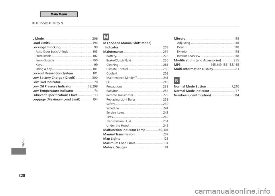 HONDA CR-Z 2011 1.G Owners Manual 328
Index
 Index  M to N
L Mode
 ..............................................................................206
Load Limits
 .....................................................................19 