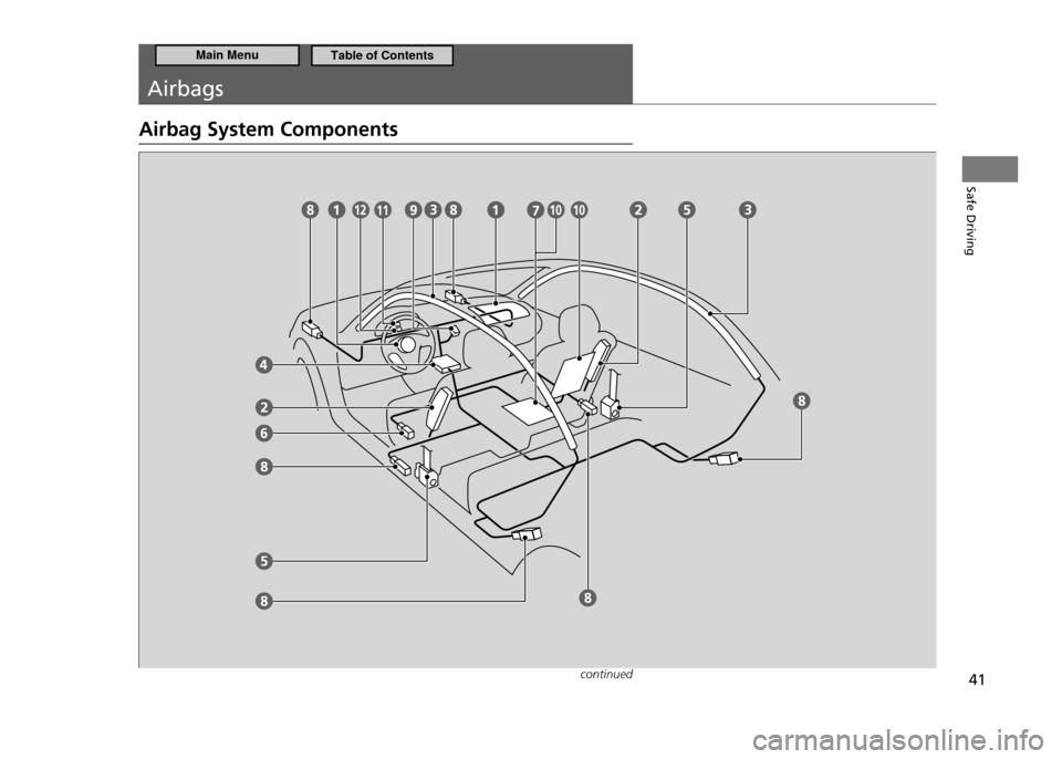 HONDA CR-Z 2011 1.G Service Manual 41
Safe Driving
Airbags
Airbag System Components
continued
Main MenuTable of Contents HONDA CR-Z 2011 1.G Service Manual 41
Safe Driving
Airbags
Airbag System Components
continued
Main MenuTable of Contents