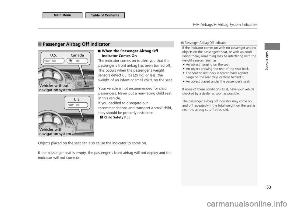 HONDA CR-Z 2011 1.G Owners Manual Safe Driving
53
 Airbags  Airbag System Indicators
Passenger Airbag Off Indicator 
■
 ■ When the Passenger Airbag Off  Indicator Comes On
The indicator comes on to alert you that the passenger’s
