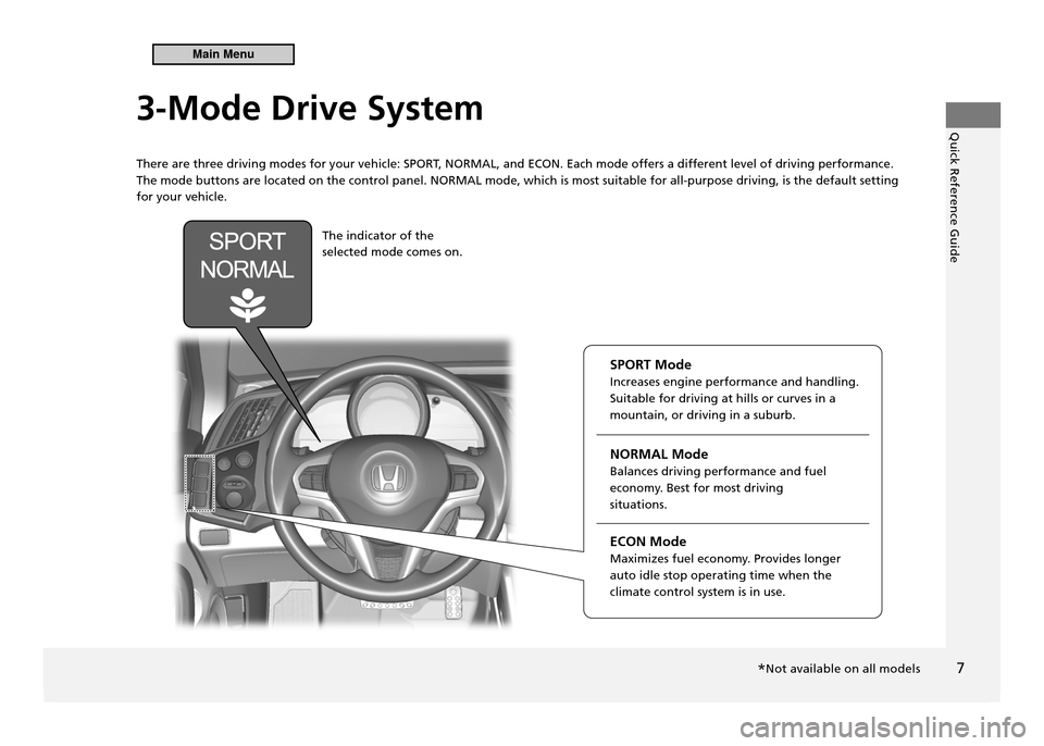 HONDA CR-Z 2011 1.G Owners Manual Quick Reference Guide
7
3-Mode Drive System
There are three driving modes for your vehicle: SPOR
T, NORMAL, and ECON. Each mode offers a different level of driving performance.
The mode buttons are l HONDA CR-Z 2011 1.G Owners Manual Quick Reference Guide
7
3-Mode Drive System
There are three driving modes for your vehicle: SPOR
T, NORMAL, and ECON. Each mode offers a different level of driving performance.
The mode buttons are l
