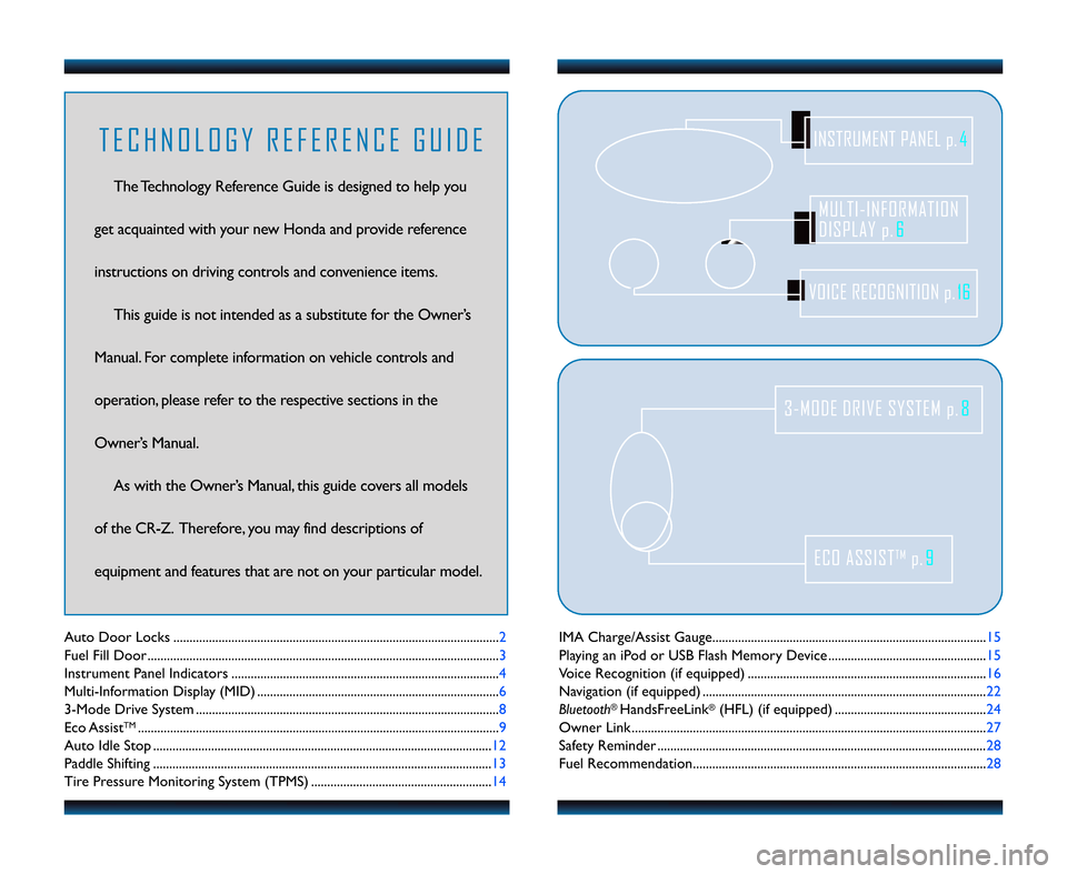 HONDA CR-Z 2011 1.G Technology Reference Guide IMA Charge/Assist Gauge.........................................\1............................................15
Playing an iPod or USB Flash Memory Device ....................................\1......