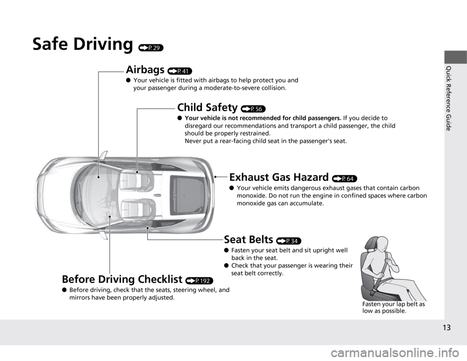 HONDA CR-Z 2012 1.G User Guide 13
Quick Reference Guide
Safe Driving (P29)
Airbags (P41)
● Your vehicle is fitted with airbags to help protect you and
your passenger during a moderate-to-severe collision.
Child Safety (P56)
HONDA CR-Z 2012 1.G User Guide 13
Quick Reference Guide
Safe Driving (P29)
Airbags (P41)
● Your vehicle is fitted with airbags to help protect you and
your passenger during a moderate-to-severe collision.
Child Safety (P56)