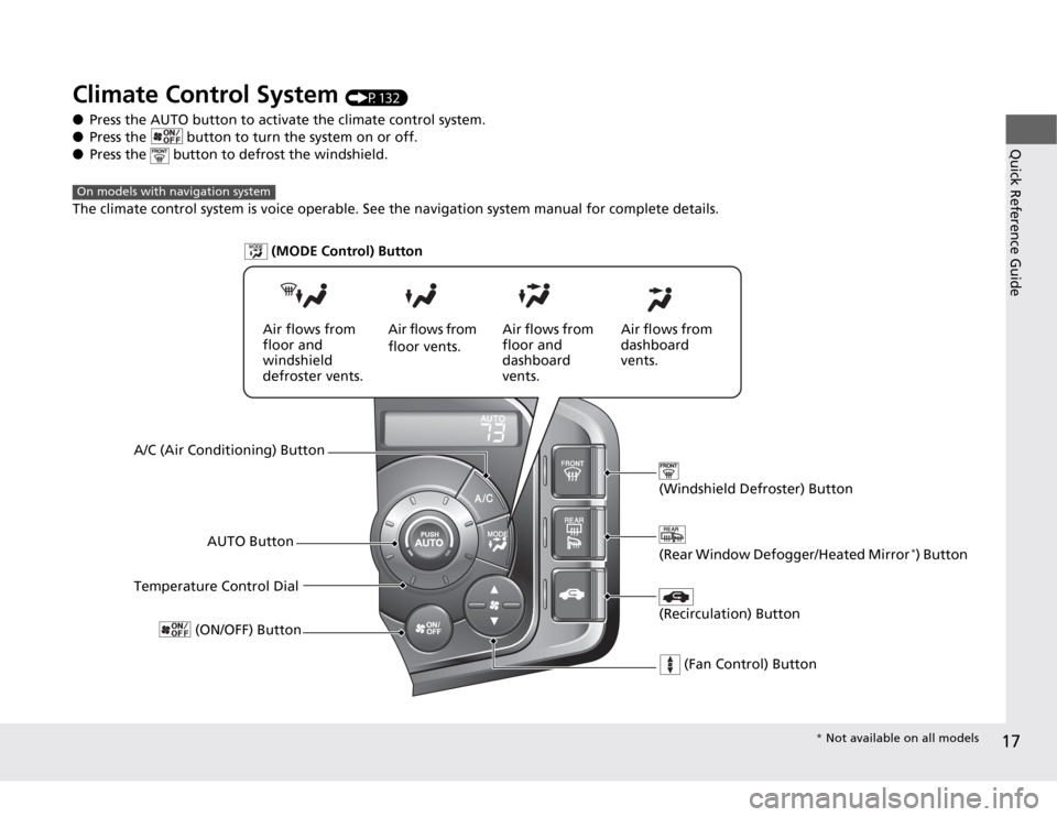 HONDA CR-Z 2012 1.G User Guide 17
Quick Reference Guide
Climate Control System (P132)
● Press the AUTO button to activate the climate control system.
● Press the button to turn the system on or off.
● Press the button to HONDA CR-Z 2012 1.G User Guide 17
Quick Reference Guide
Climate Control System (P132)
● Press the AUTO button to activate the climate control system.
● Press the button to turn the system on or off.
● Press the button to