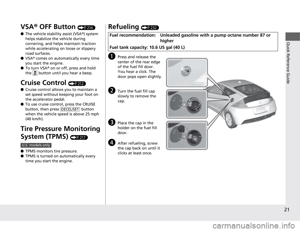 HONDA CR-Z 2012 1.G Owners Manual 21
Quick Reference Guide
VSA® OFF Button  (P216)
● The vehicle stability assist (VSA ®) system 
helps stabilize the vehicle during  
cornering, and  helps maintain traction 
while accelerating on 