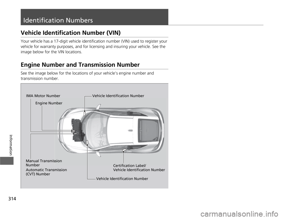 HONDA CR-Z 2012 1.G Owners Manual 314
Information
Identification Numbers
Vehicle Identification Number (VIN)
Your vehicle has a 17-digit vehicle identification number (VIN) used to register your
vehicle for warranty purposes, and fo HONDA CR-Z 2012 1.G Owners Manual 314
Information
Identification Numbers
Vehicle Identification Number (VIN)
Your vehicle has a 17-digit vehicle identification number (VIN) used to register your
vehicle for warranty purposes, and fo