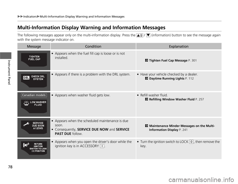 HONDA CR-Z 2012 1.G Manual PDF 78
uuIndicatorsuMulti-Information Display Warning and Information Messages
Instrument Panel
Multi-Information Display Warning and Information Messages
The following messages appear only on the multi- HONDA CR-Z 2012 1.G Manual PDF 78
uuIndicatorsuMulti-Information Display Warning and Information Messages
Instrument Panel
Multi-Information Display Warning and Information Messages
The following messages appear only on the multi-