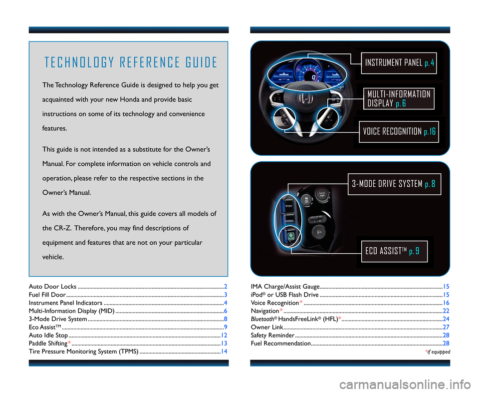 HONDA CR-Z 2012 1.G Technology Reference Guide IMA Charge/Assist Gauge.........................................\1............................................15
iPod
®or USB Flash Drive ....................................\1.......................