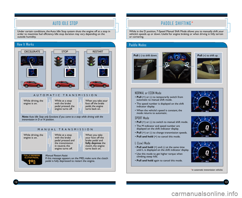 HONDA CR-Z 2012 1.G Technology Reference Guide 1213
AUTO IDLE STOP
Under certain conditions\b the Auto Idle Stop system shuts the engine off at a stop in
order to maximize fuel efficiency. Idle stop duration may vary depending on the
outside humid