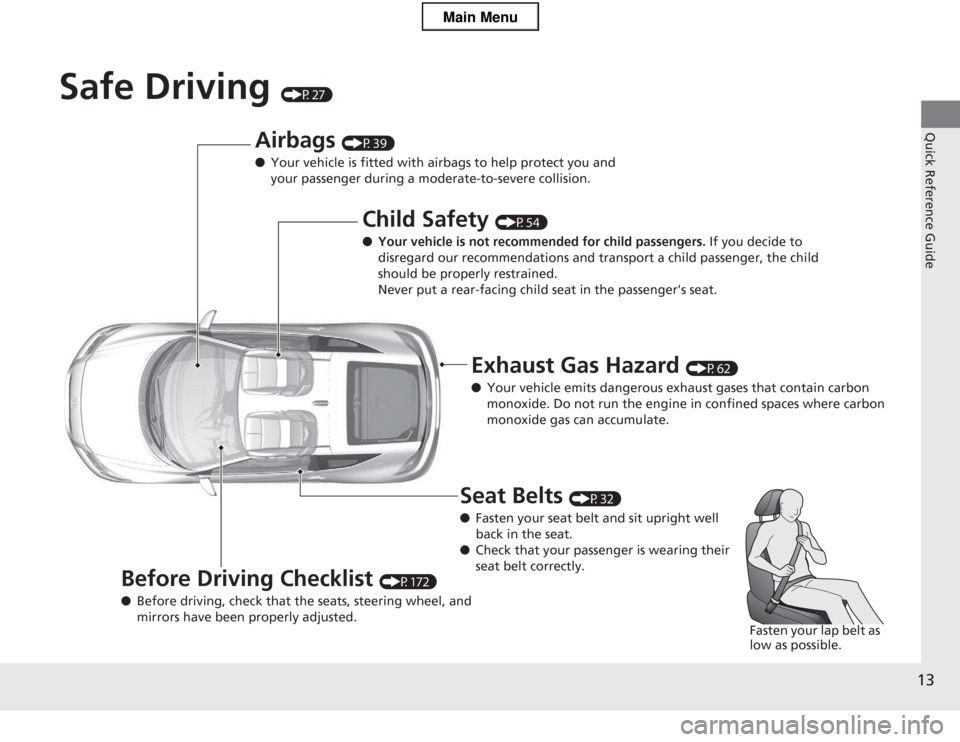 HONDA CR-Z 2013 1.G Owners Manual 13
Quick Reference Guide
Safe Driving (P27)
Airbags (P39)
● Your vehicle is fitted with airbags to help protect you and  
your passenger during a moderate-to-severe collision.
Child Safety  (P54)
�