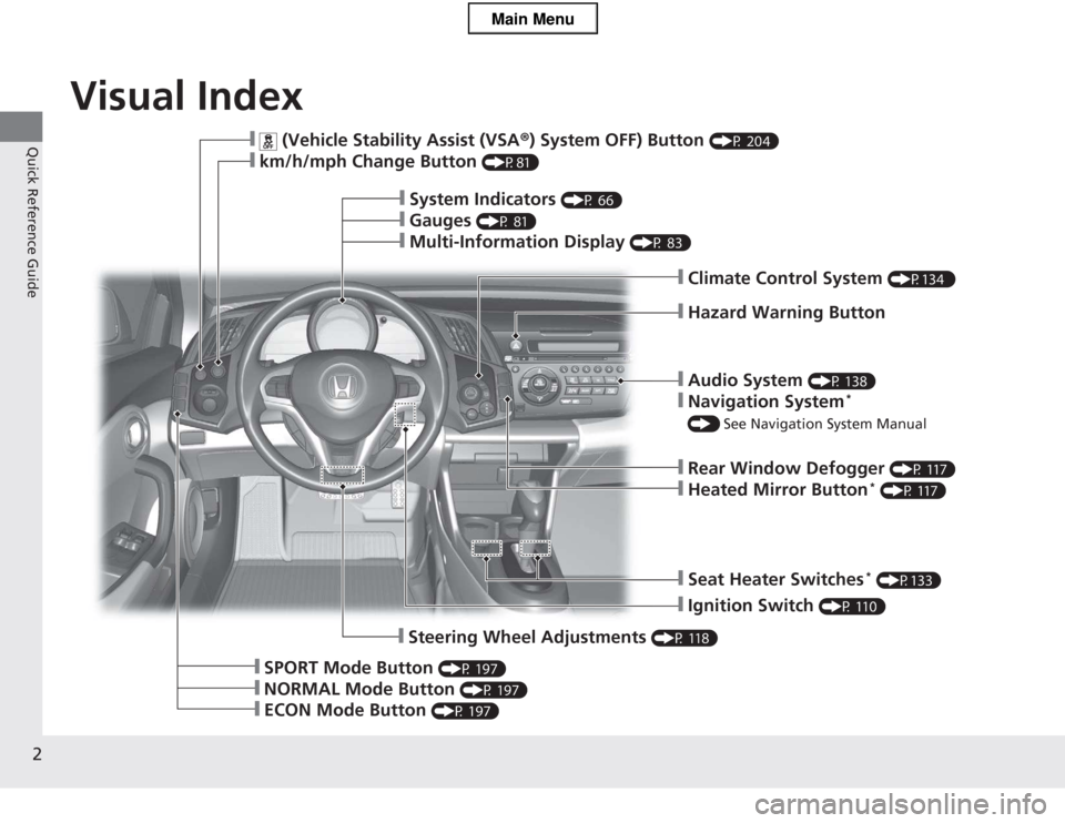 HONDA CR-Z 2013 1.G Owners Manual 2
Quick Reference Guide
Quick Reference Guide
Visual Index
❙Audio System (P 138)
❙Navigation System *
 
()  See Navigation System Manual
❙Rear Window Defogger  (P 117) 
❙Heated Mirror Button *