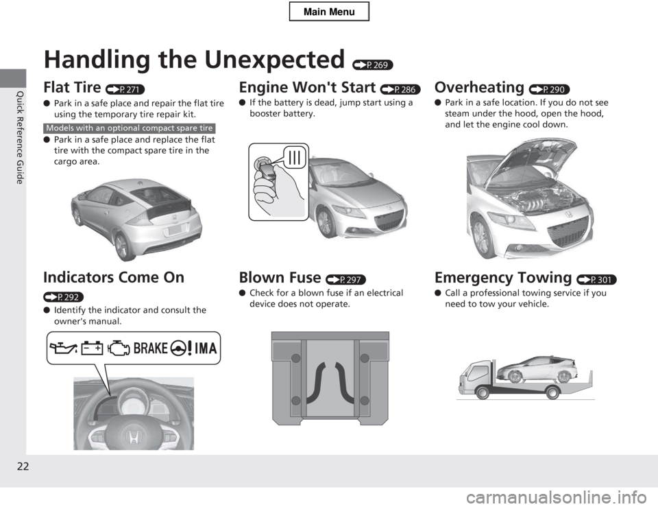 HONDA CR-Z 2013 1.G Owners Manual 22
Quick Reference Guide
Handling the Unexpected (P269)
Flat Tire  (P271)
● Park in a safe place and repair the flat tire  
using the temporary tire repair kit.
● Park in a safe place and replace 