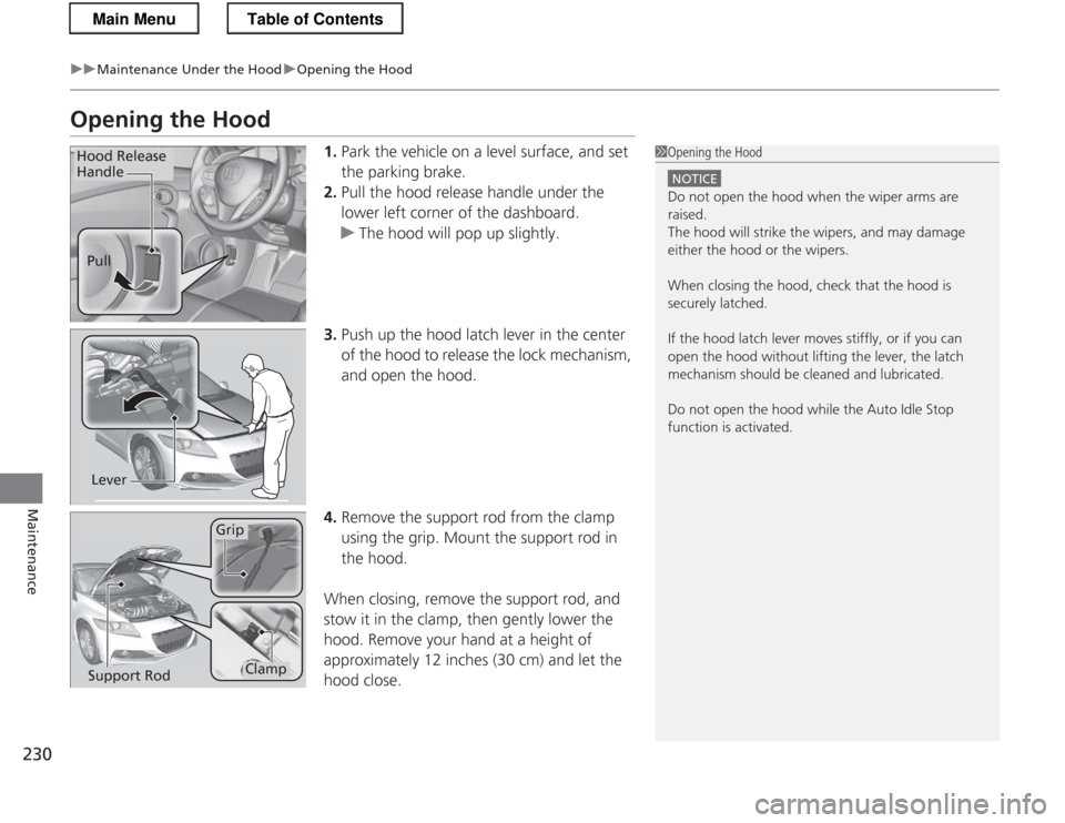 HONDA CR-Z 2013 1.G Owners Manual 230
uuMaintenance Under the HooduOpening the Hood
Maintenance
Opening the Hood1.Park the vehicle on a level surface, and set  
the parking brake.
2. Pull the hood release handle under the 
lower left 
