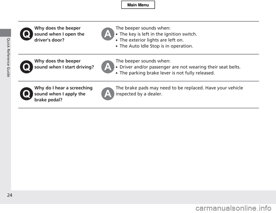 HONDA CR-Z 2013 1.G Owners Manual 24
Quick Reference Guide
Why does the beeper
sound when I open the drivers door?The beeper sounds when: ●The key is left in the ignition switch.
● The exterior lights are left on.
● The Auto HONDA CR-Z 2013 1.G Owners Manual 24
Quick Reference Guide
Why does the beeper
sound when I open the drivers door?The beeper sounds when: ●The key is left in the ignition switch.
● The exterior lights are left on.
● The Auto