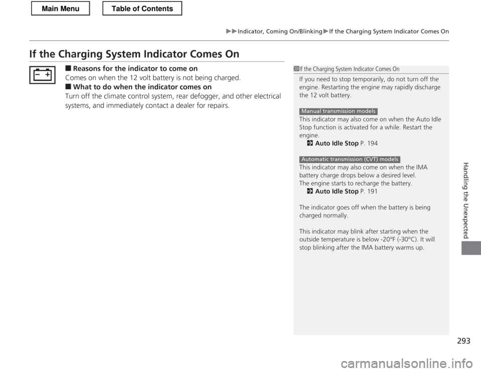 HONDA CR-Z 2013 1.G Owners Manual 293
uuIndicator, Coming On/BlinkinguIf the Charging System Indicator Comes On
Handling the Unexpected
If the Charging System Indicator Comes On■Reasons for the indicator to come on
Comes on when the