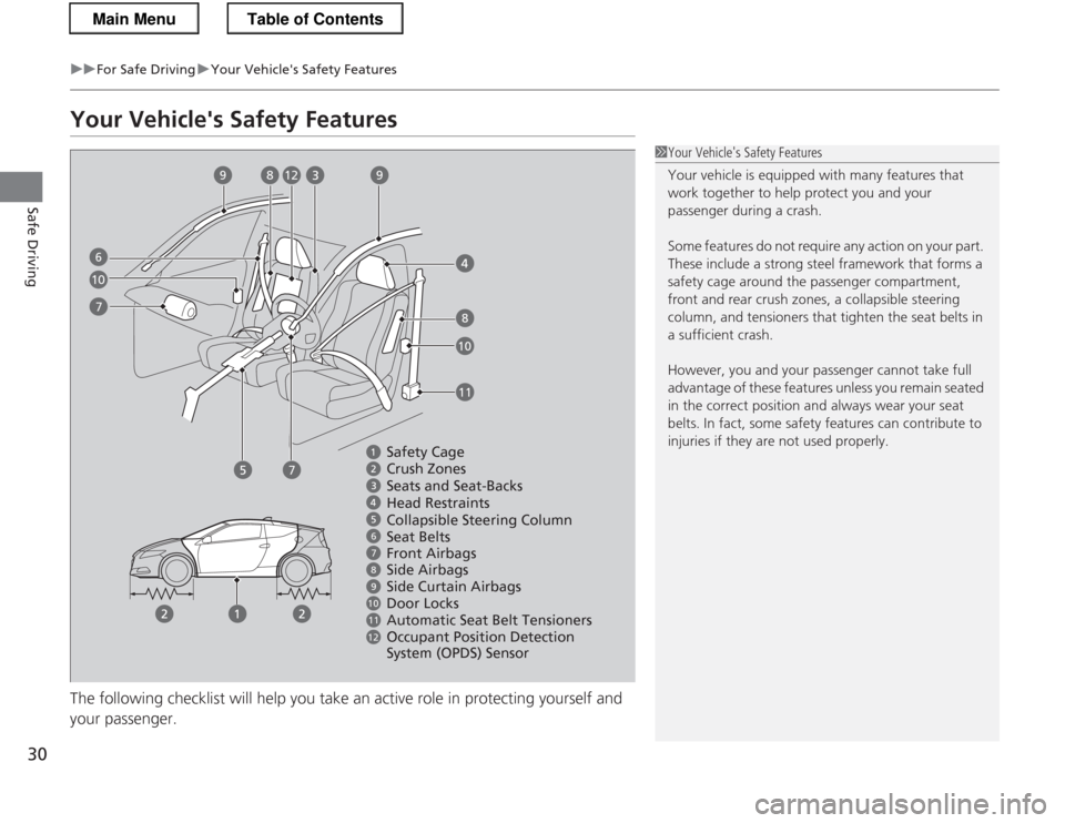 HONDA CR-Z 2013 1.G Owners Guide 30
uuFor Safe DrivinguYour Vehicles Safety Features
Safe Driving
Your Vehicles Safety Features
The following checklist will help you take an active role in protecting yourself and your passenger.
HONDA CR-Z 2013 1.G Owners Guide 30
uuFor Safe DrivinguYour Vehicles Safety Features
Safe Driving
Your Vehicles Safety Features
The following checklist will help you take an active role in protecting yourself and your passenger.