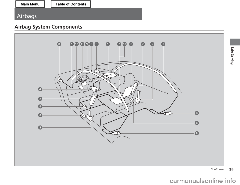 HONDA CR-Z 2013 1.G Owners Guide 39
Continued
Safe Driving
Airbags
Airbag System Components
6
789101112810
8
8
88
Main MenuTable of Contents HONDA CR-Z 2013 1.G Owners Guide 39
Continued
Safe Driving
Airbags
Airbag System Components
6
789101112810
8
8
88
Main MenuTable of Contents