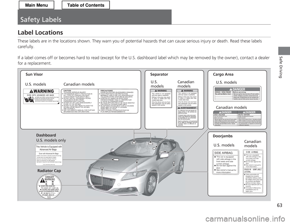 HONDA CR-Z 2013 1.G Owners Manual 63
Safe Driving
Safety Labels
Label Locations 
These labels are in the locations shown. They warn you of potential hazards that can cause serious injury or death. Read these labels 
carefully. 
If a l
