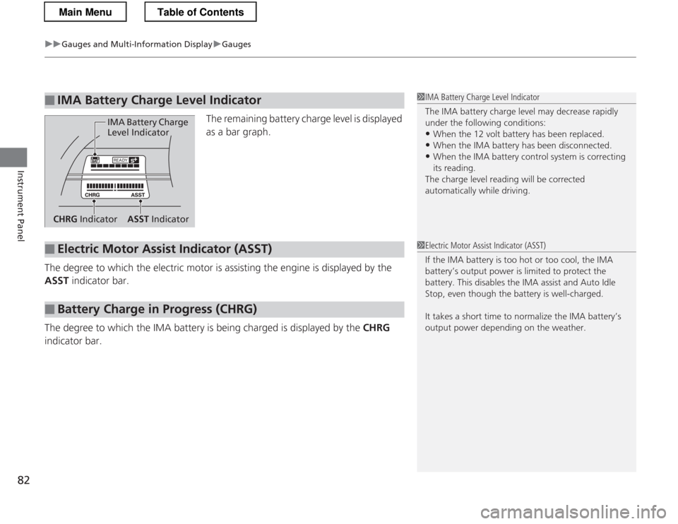 HONDA CR-Z 2013 1.G Manual Online uuGauges and Multi-Information DisplayuGauges
82
Instrument Panel
The remaining battery charge level is displayed
as a bar graph.
The degree to which the electric motor is assisting the engine is d HONDA CR-Z 2013 1.G Manual Online uuGauges and Multi-Information DisplayuGauges
82
Instrument Panel
The remaining battery charge level is displayed
as a bar graph.
The degree to which the electric motor is assisting the engine is d