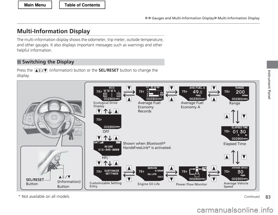 HONDA CR-Z 2013 1.G Manual Online 83
uuGauges and Multi-Information DisplayuMulti-Information Display
Continued
Instrument Panel
Multi-Information Display
The multi-information display shows the odometer, trip meter, outside temperat HONDA CR-Z 2013 1.G Manual Online 83
uuGauges and Multi-Information DisplayuMulti-Information Display
Continued
Instrument Panel
Multi-Information Display
The multi-information display shows the odometer, trip meter, outside temperat