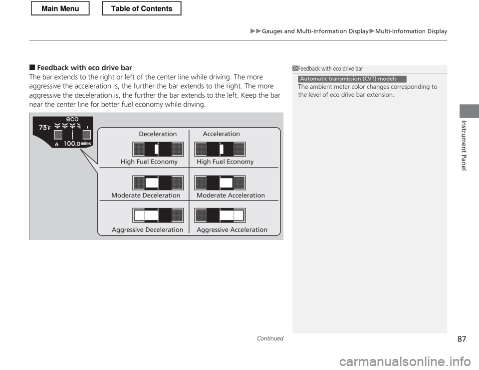 HONDA CR-Z 2013 1.G Owners Manual Continued87
uuGauges and Multi-Information DisplayuMulti-Information Display
Instrument Panel
■Feedback with eco drive bar
The bar extends to the right or left of the center line while driving. The 