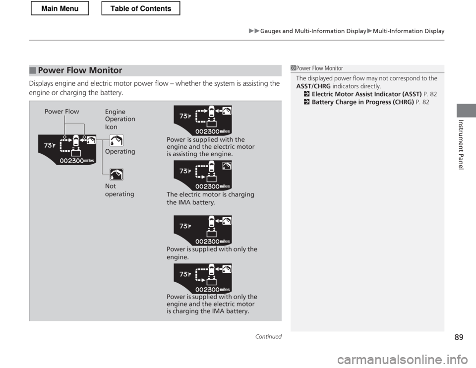 HONDA CR-Z 2013 1.G Owners Manual Continued89
uuGauges and Multi-Information DisplayuMulti-Information Display
Instrument Panel
Displays engine and electric motor power flow – whether the system is assisting the  
engine or charging