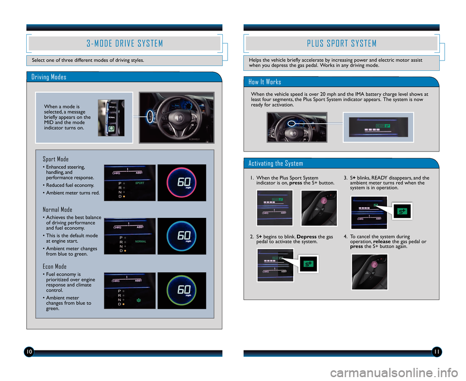 HONDA CR-Z 2013 1.G Technology Reference Guide 10
3 � M O D E   D R I V E   S Y S T E M
Select one of three different modes of driving styles.\F
Driving Modes 
Normal Mode 
• Achieves the best balanceof driving performance
and fuel economy. 
•