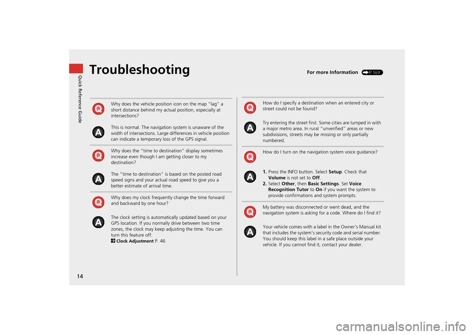 HONDA CR-Z 2014 1.G Navigation Manual 14Quick Reference Guide
Troubleshooting
For more Information
 (P169)
Why does the vehicle position icon on the map “lag” a 
short distance behind my actual position, especially at 
intersections?
