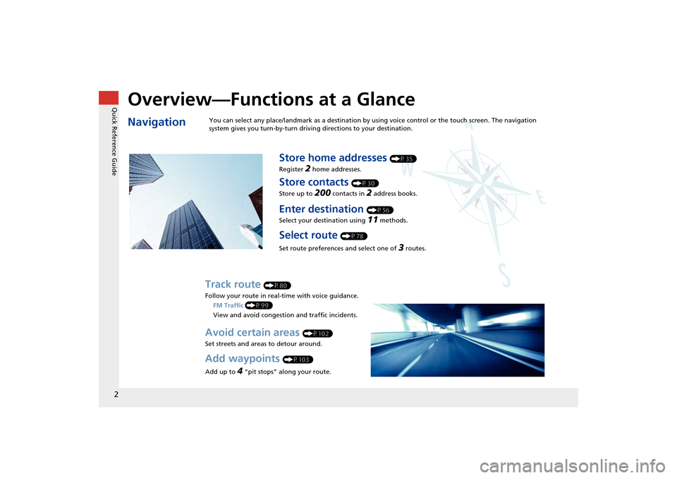 HONDA CR-Z 2014 1.G Navigation Manual Quick Reference Guide2
Overview—Functions at a GlanceNavigation
You can select any place/landmark as a destination by using voice control or the touch screen. The navigation 
system gives you turn-b